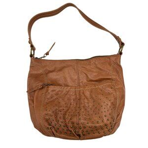 The Sak Womens Leather Shoulder Bag Tan Studded Boho Casual Summer Zip Closure